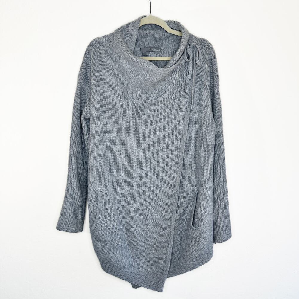 360 Cashmere Grey Draped Wrap Tie Front Moto Waterfall Cardigan Sweater Small - Picture 2 of 15